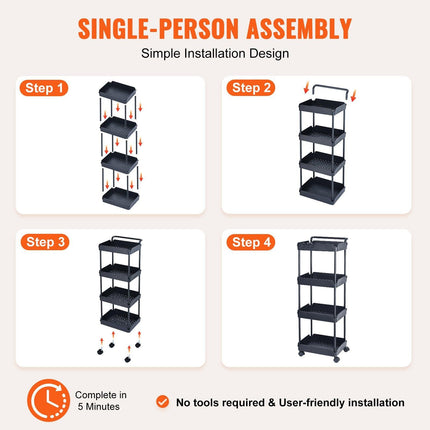 4-Tier Kitchen Rolling Cart Basket Utility Cart on Wheel with Handle Black.