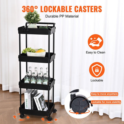 4-Tier Kitchen Rolling Cart Basket Utility Cart on Wheel with Handle Black.