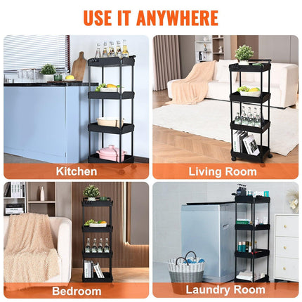 4-Tier Kitchen Rolling Cart Basket Utility Cart on Wheel with Handle Black.