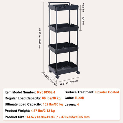 4-Tier Kitchen Rolling Cart Basket Utility Cart on Wheel with Handle Black.