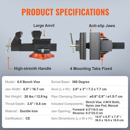 16.7cm Bench Vise Anvil Swivel Locking Base Heavy Duty Ductile Iron Vice.