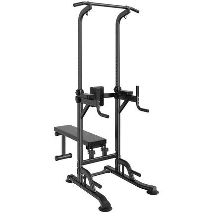 Power Tower with Bench, 10-Level Height Adjustable Pull Up Bar Stand Dip Station & Detachable Bench, Multi-Function Home Gym Strength Training Fitness Equipment with Backrest, Elbow Pads, 440LBS.