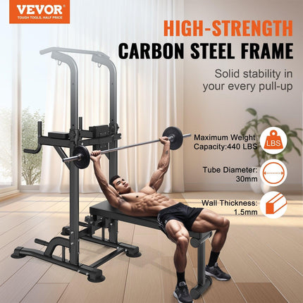 Power Tower with Bench, 10-Level Height Adjustable Pull Up Bar Stand Dip Station & Detachable Bench, Multi-Function Home Gym Strength Training Fitness Equipment with Backrest, Elbow Pads, 440LBS.