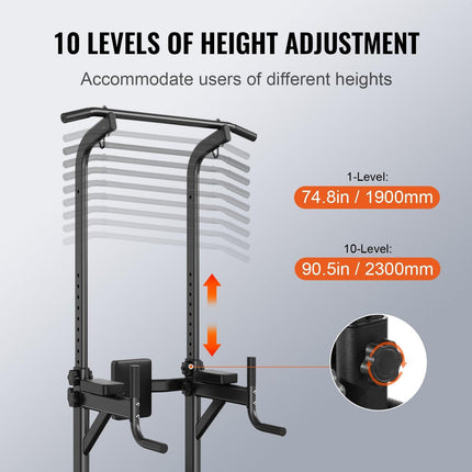 Power Tower with Bench, 10-Level Height Adjustable Pull Up Bar Stand Dip Station & Detachable Bench, Multi-Function Home Gym Strength Training Fitness Equipment with Backrest, Elbow Pads, 440LBS.