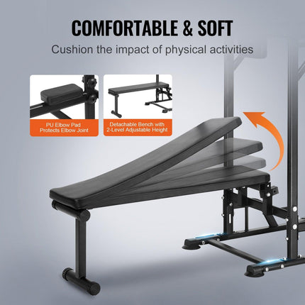Power Tower with Bench, 10-Level Height Adjustable Pull Up Bar Stand Dip Station & Detachable Bench, Multi-Function Home Gym Strength Training Fitness Equipment with Backrest, Elbow Pads, 440LBS.