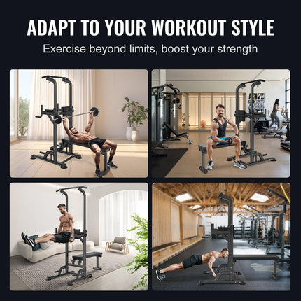 Power Tower with Bench, 10-Level Height Adjustable Pull Up Bar Stand Dip Station & Detachable Bench, Multi-Function Home Gym Strength Training Fitness Equipment with Backrest, Elbow Pads, 440LBS.