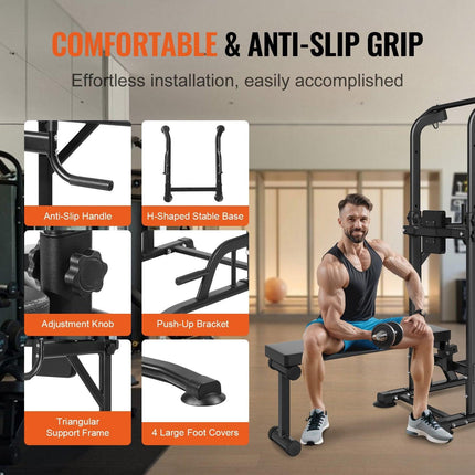 Power Tower with Bench, 10-Level Height Adjustable Pull Up Bar Stand Dip Station & Detachable Bench, Multi-Function Home Gym Strength Training Fitness Equipment with Backrest, Elbow Pads, 440LBS.