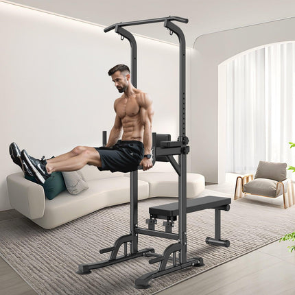 Power Tower with Bench, 10-Level Height Adjustable Pull Up Bar Stand Dip Station & Detachable Bench, Multi-Function Home Gym Strength Training Fitness Equipment with Backrest, Elbow Pads, 440LBS.