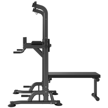 Power Tower with Bench, 10-Level Height Adjustable Pull Up Bar Stand Dip Station & Detachable Bench, Multi-Function Home Gym Strength Training Fitness Equipment with Backrest, Elbow Pads, 440LBS.