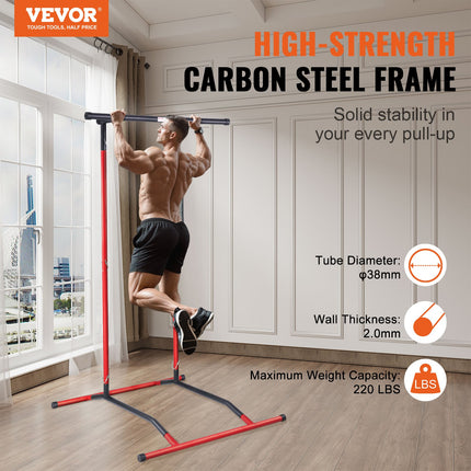 Power Tower Dip Station, 2-Level Height Adjustable Pull Up Bar Stand, Multi-Function Strength Training Workout Equipment, Home Gym Fitness Dip Bar Station, 220LBS Weight Capacity, Black & Red.