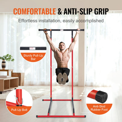 Power Tower Dip Station, 2-Level Height Adjustable Pull Up Bar Stand, Multi-Function Strength Training Workout Equipment, Home Gym Fitness Dip Bar Station, 220LBS Weight Capacity, Black & Red.