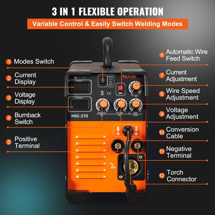 Mig Welder Welding Machine MIG-270 MIG MMA TIG IGBT DC Inverter Welder Digital Display.