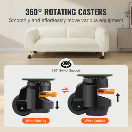 Leveling Casters, Set of 4, 1000 kg Total Load Capacity, 63.5 mm, Heavy Duty with Upgraded Handle Design, 360 Degree Swivel Caster Wheels, Adjustable Casters with Feet for Workbench, Machine.