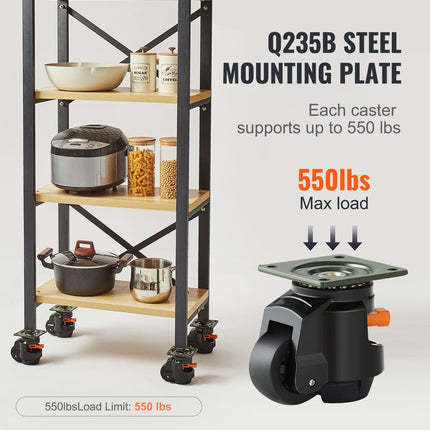 Leveling Casters, Set of 4, 1000 kg Total Load Capacity, 63.5 mm, Heavy Duty with Upgraded Handle Design, 360 Degree Swivel Caster Wheels, Adjustable Casters with Feet for Workbench, Machine.