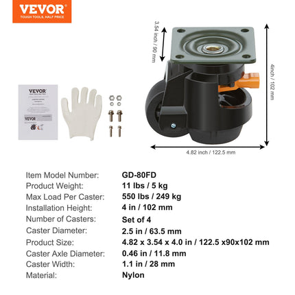 Leveling Casters, Set of 4, 1000 kg Total Load Capacity, 63.5 mm, Heavy Duty with Upgraded Handle Design, 360 Degree Swivel Caster Wheels, Adjustable Casters with Feet for Workbench, Machine.