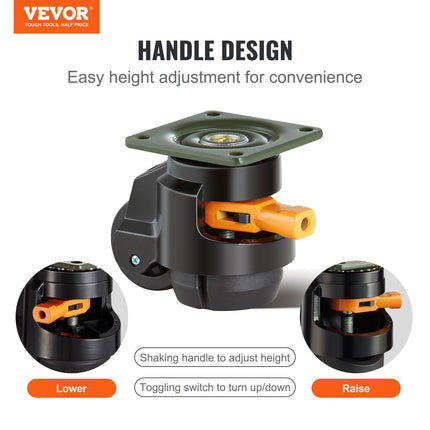 Leveling Casters, Set of 4, 500 kg Total Load Capacity, 50.8 mm, Heavy Duty with Upgraded Handle Design, 360 Degree Swivel Caster Wheels, Adjustable Casters with Feet for Workbench, Machine.