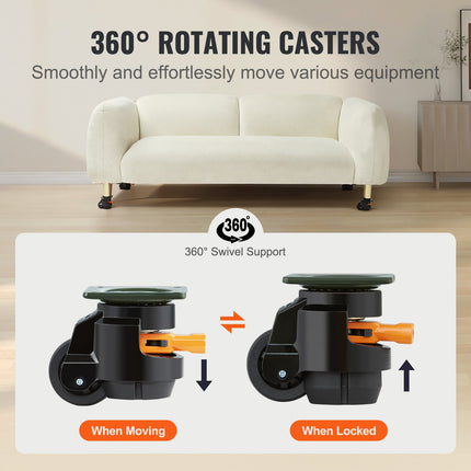 Leveling Casters, Set of 4, 500 kg Total Load Capacity, 50.8 mm, Heavy Duty with Upgraded Handle Design, 360 Degree Swivel Caster Wheels, Adjustable Casters with Feet for Workbench, Machine.