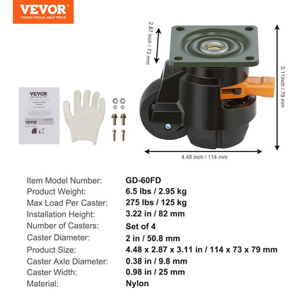 Leveling Casters, Set of 4, 500 kg Total Load Capacity, 50.8 mm, Heavy Duty with Upgraded Handle Design, 360 Degree Swivel Caster Wheels, Adjustable Casters with Feet for Workbench, Machine.