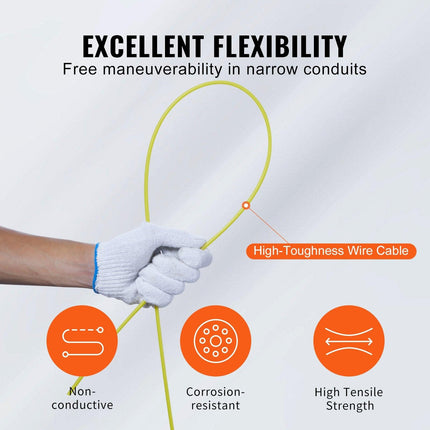 Fish Tape, 100 ft, 3/16-inch, Fiberglass Wire Puller with Optimized Housing and Handle, Easy-to-Use Cable Puller Tool, Flexible Wire Fishing Tools for Wall and Electrical Conduit, Non-Conductive.