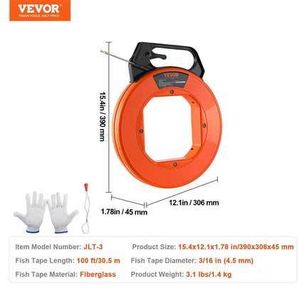 Fish Tape, 100 ft, 3/16-inch, Fiberglass Wire Puller with Optimized Housing and Handle, Easy-to-Use Cable Puller Tool, Flexible Wire Fishing Tools for Wall and Electrical Conduit, Non-Conductive.
