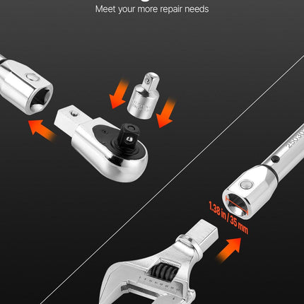 Adjustable Click Torque Wrench, 1/2 Inch Drive, 20-160 lbf-ft/27.1-216.8 N.m, Dual-direction and Dual Range Scales, 72-Tooth, ±2% Precision, with Adapter Interchangeable Jaw and Ratchet Head.