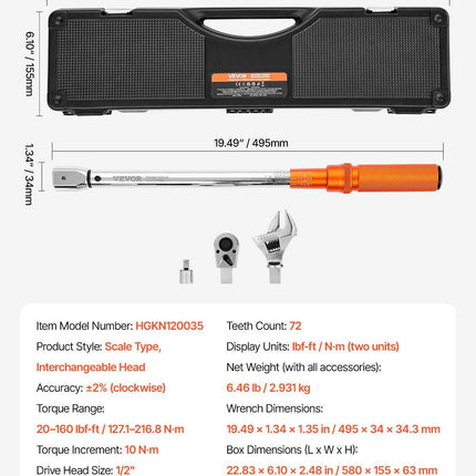 Adjustable Click Torque Wrench, 1/2 Inch Drive, 20-160 lbf-ft/27.1-216.8 N.m, Dual-direction and Dual Range Scales, 72-Tooth, ±2% Precision, with Adapter Interchangeable Jaw and Ratchet Head.