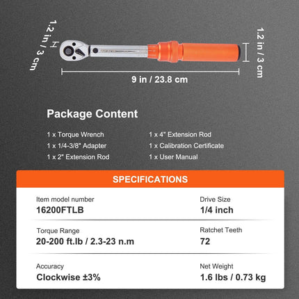 Torque Wrench Adjustable Torque Wrench 1/4" Drive 20-200in.lb/2.3-23Nm.