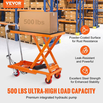 Hydraulic Lift Table Cart, 500lbs Capacity 28.5" Lifting Height, Manual Single Scissor Lift Table with 4 Wheels and Non-slip Pad, Hydraulic Scissor Cart for Material Handling, Orange.