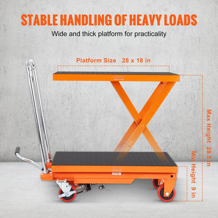 Hydraulic Lift Table Cart, 500lbs Capacity 28.5" Lifting Height, Manual Single Scissor Lift Table with 4 Wheels and Non-slip Pad, Hydraulic Scissor Cart for Material Handling, Orange.