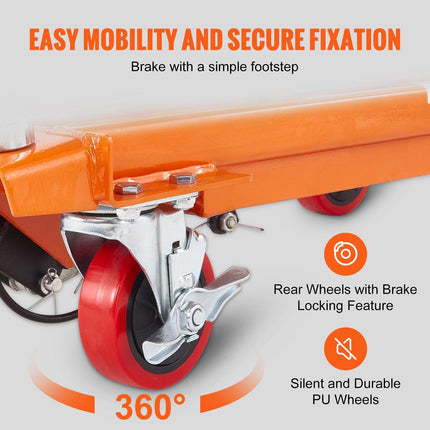 Hydraulic Lift Table Cart, 500lbs Capacity 28.5" Lifting Height, Manual Single Scissor Lift Table with 4 Wheels and Non-slip Pad, Hydraulic Scissor Cart for Material Handling, Orange.