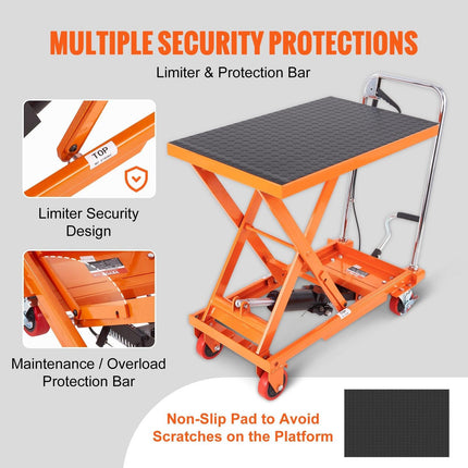 Hydraulic Lift Table Cart, 500lbs Capacity 28.5" Lifting Height, Manual Single Scissor Lift Table with 4 Wheels and Non-slip Pad, Hydraulic Scissor Cart for Material Handling, Orange.
