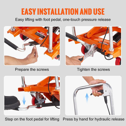 Hydraulic Lift Table Cart, 500lbs Capacity 28.5" Lifting Height, Manual Single Scissor Lift Table with 4 Wheels and Non-slip Pad, Hydraulic Scissor Cart for Material Handling, Orange.