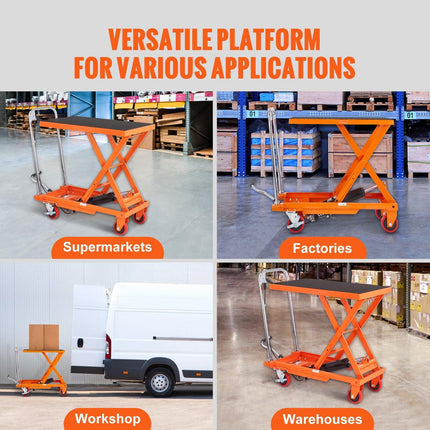 Hydraulic Lift Table Cart, 500lbs Capacity 28.5" Lifting Height, Manual Single Scissor Lift Table with 4 Wheels and Non-slip Pad, Hydraulic Scissor Cart for Material Handling, Orange.