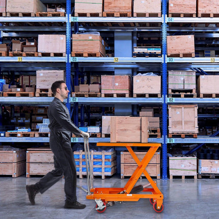 Hydraulic Lift Table Cart, 500lbs Capacity 28.5" Lifting Height, Manual Single Scissor Lift Table with 4 Wheels and Non-slip Pad, Hydraulic Scissor Cart for Material Handling, Orange.