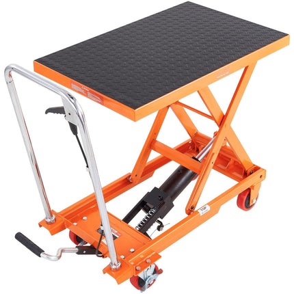 Hydraulic Lift Table Cart, 500lbs Capacity 28.5" Lifting Height, Manual Single Scissor Lift Table with 4 Wheels and Non-slip Pad, Hydraulic Scissor Cart for Material Handling, Orange.