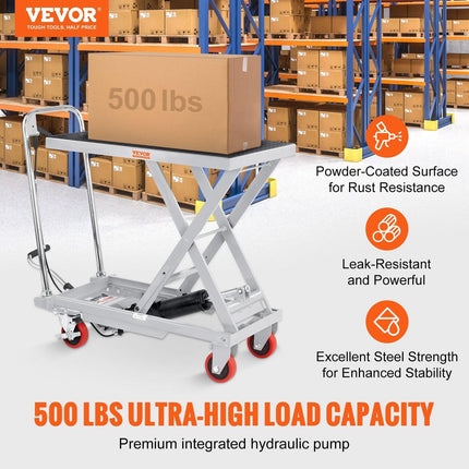 Hydraulic Lift Table Cart, 500lbs Capacity 28.5" Lifting Height, Manual Single Scissor Lift Table with 4 Wheels and Non-slip Pad, Hydraulic Scissor Cart for Material Handling, Gray.