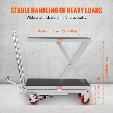 Hydraulic Lift Table Cart, 500lbs Capacity 28.5" Lifting Height, Manual Single Scissor Lift Table with 4 Wheels and Non-slip Pad, Hydraulic Scissor Cart for Material Handling, Gray.