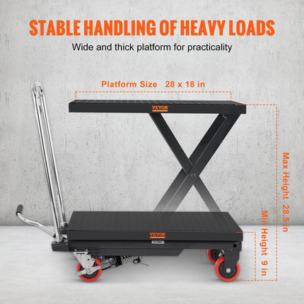 Hydraulic Lift Table Cart, 330lbs Capacity 28.5" Lifting Height, Manual Single Scissor Lift Table with 4 Wheels and Non-slip Pad, Hydraulic Scissor Cart for Material Handling, Black.