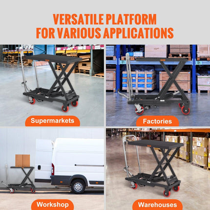 Hydraulic Lift Table Cart, 330lbs Capacity 28.5" Lifting Height, Manual Single Scissor Lift Table with 4 Wheels and Non-slip Pad, Hydraulic Scissor Cart for Material Handling, Black.
