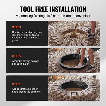 Fire Pit Ring, Fire Pit Insert with Barbecue Fire Ring, 40-In Outer/36-In Inner Diameter, 8.5in Height, Carbon Steel Liner DIY Campfire Ring above/In-Ground, for Outdoor Camping, Bonfires.