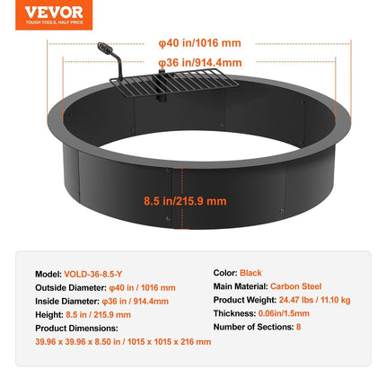 Fire Pit Ring, Fire Pit Insert with Barbecue Fire Ring, 40-In Outer/36-In Inner Diameter, 8.5in Height, Carbon Steel Liner DIY Campfire Ring above/In-Ground, for Outdoor Camping, Bonfires.