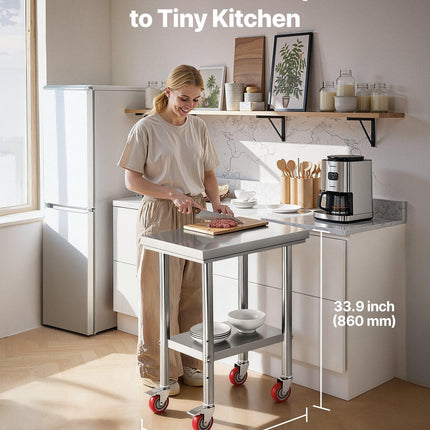 VEVOR Stainless Steel Table, 61 x 45 cm Food Prep Worktable with Wheels, Kitchen Prep Table with Adjustable Undershelf Workstations for Commercial Kitchen, Restaurant, Hotel and Garage, Outdoor.