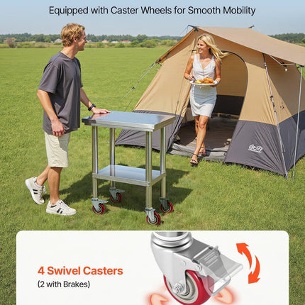 VEVOR Stainless Steel Table, 61 x 45 cm Food Prep Worktable with Wheels, Kitchen Prep Table with Adjustable Undershelf Workstations for Commercial Kitchen, Restaurant, Hotel and Garage, Outdoor.