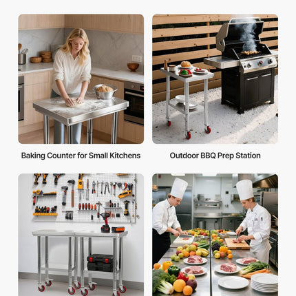 VEVOR Stainless Steel Table, 61 x 45 cm Food Prep Worktable with Wheels, Kitchen Prep Table with Adjustable Undershelf Workstations for Commercial Kitchen, Restaurant, Hotel and Garage, Outdoor.