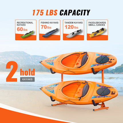 Freestanding Kayak Storage Rack, Kayak Stand for 2 Kayak Canoe Paddleboard, Heavy-duty Steel Kayak Hanger Holder with Padded Arms and Adjustable Width, 79.5kg Max Load, for Indoor Outdoor Garage.