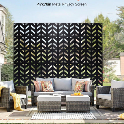 Metal Privacy Screen, 47" W x 72" H, Outdoor Privacy Screens 5-Panel, Freestanding Outdoor Divider with Stand, Decorative Garden Steel Privacy Fence for Balcony Patio Indoor Room Black.
