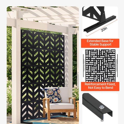Metal Privacy Screen, 47" W x 72" H, Outdoor Privacy Screens 5-Panel, Freestanding Outdoor Divider with Stand, Decorative Garden Steel Privacy Fence for Balcony Patio Indoor Room Black.