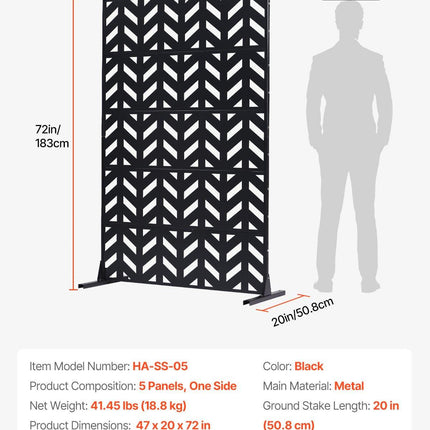 Metal Privacy Screen, 47" W x 72" H, Outdoor Privacy Screens 5-Panel, Freestanding Outdoor Divider with Stand, Decorative Garden Steel Privacy Fence for Balcony Patio Indoor Room Black.