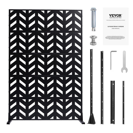 Metal Privacy Screen, 47" W x 72" H, Outdoor Privacy Screens 5-Panel, Freestanding Outdoor Divider with Stand, Decorative Garden Steel Privacy Fence for Balcony Patio Indoor Room Black.