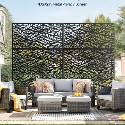 Metal Privacy Screen, 47" W x 72" H, Outdoor Privacy Screens & Panels, Freestanding Outdoor Divider with Stand, 3-Panel Decorative Garden Steel Privacy Fence for Balcony Patio Indoor Room Black.